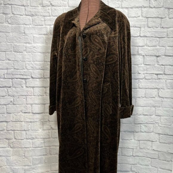 Vintage John Caruana Brown Paisley Velvet Long Overcoat Water Repellent Size 24W - Picture 1 of 15